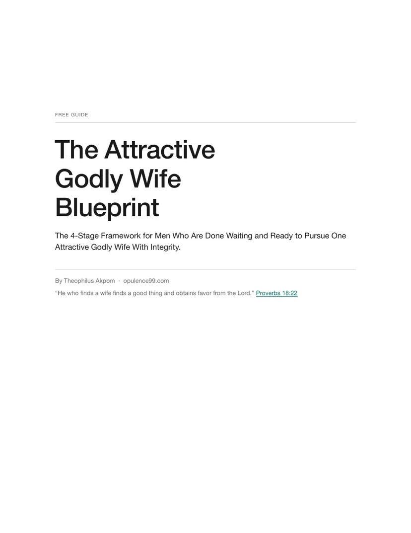 The cover of The Attractive Godly Wife Blueprint: a white page reading Free Guide, the title, and the 4-stage framework subtitle, by Theophilus Akpom